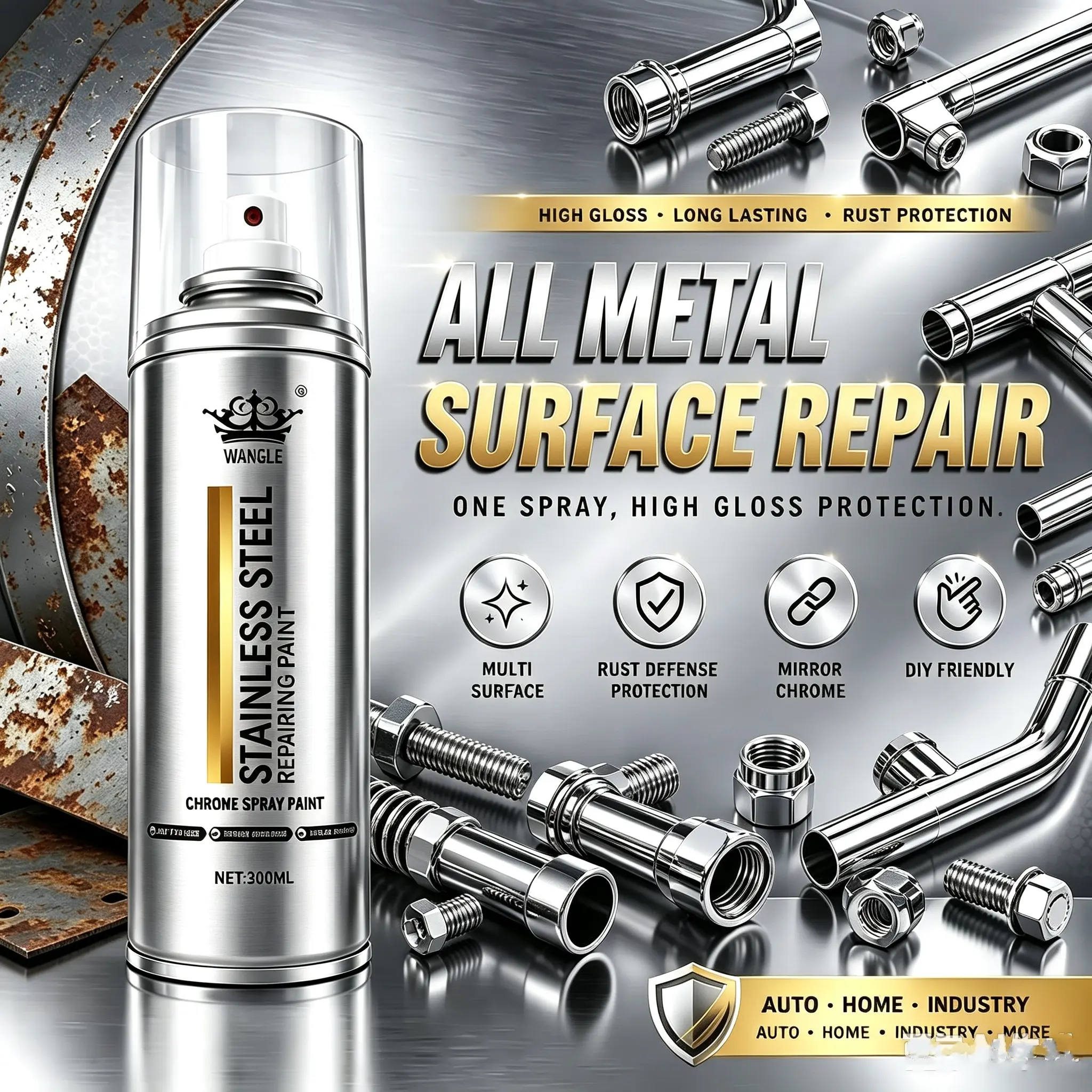 Professional Chrome Coating Spray (300ml) - Beginner-Friendly Household Cleaner, Durable Protective Layer, Low-Odor Rust & Corrosion Protection for Faded Metal Surfaces,Cars, Bikes, Indoor Decorative Metals, Protect Against RustAnd Corrosion, Metal Rene