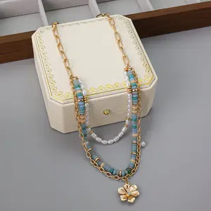 Women's multi-layered flower pendant necklace, bohemian colorful beaded paperclip chain necklace, adjustable summer jewelry, a perfect gift for her.