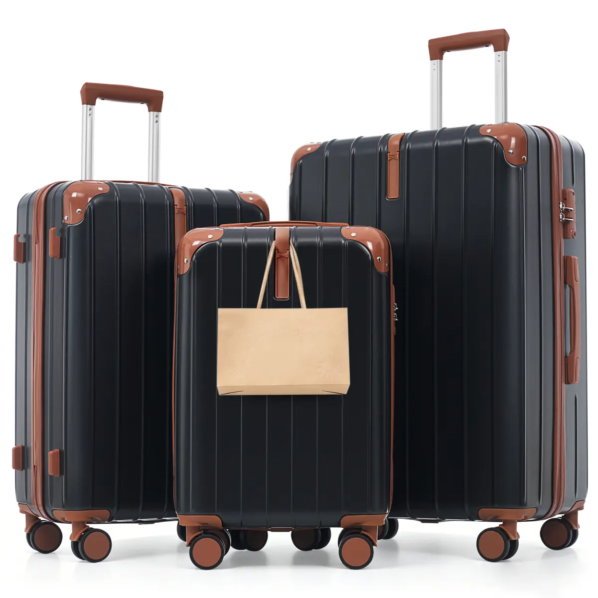 3-Piece Luggage Set 20/24/28 Inch Hardside Suitcases, Premium ABS Travel Luggage Set , 3-Piece TSA Lock Suitcase Ensemble with 20, 24, and 28 Inch Sizes with 360° Spinner Wheels, (Black + Brown)