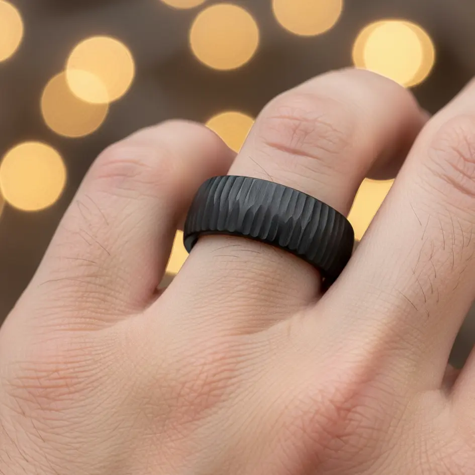 Men and Women Tungsten Wedding Band, 8MM Black Semi Domed Ring, Tree Bark Carved Textured Finish Tungsten Ring, Men's Engagement Ring