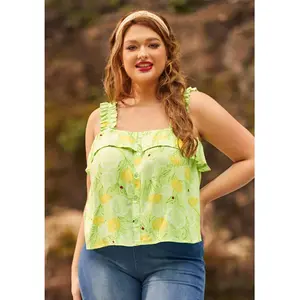 ModCloth Radiant Ruffle Cropped Top Button Front, Sleeveless - Green Floral Print (XS-4X)