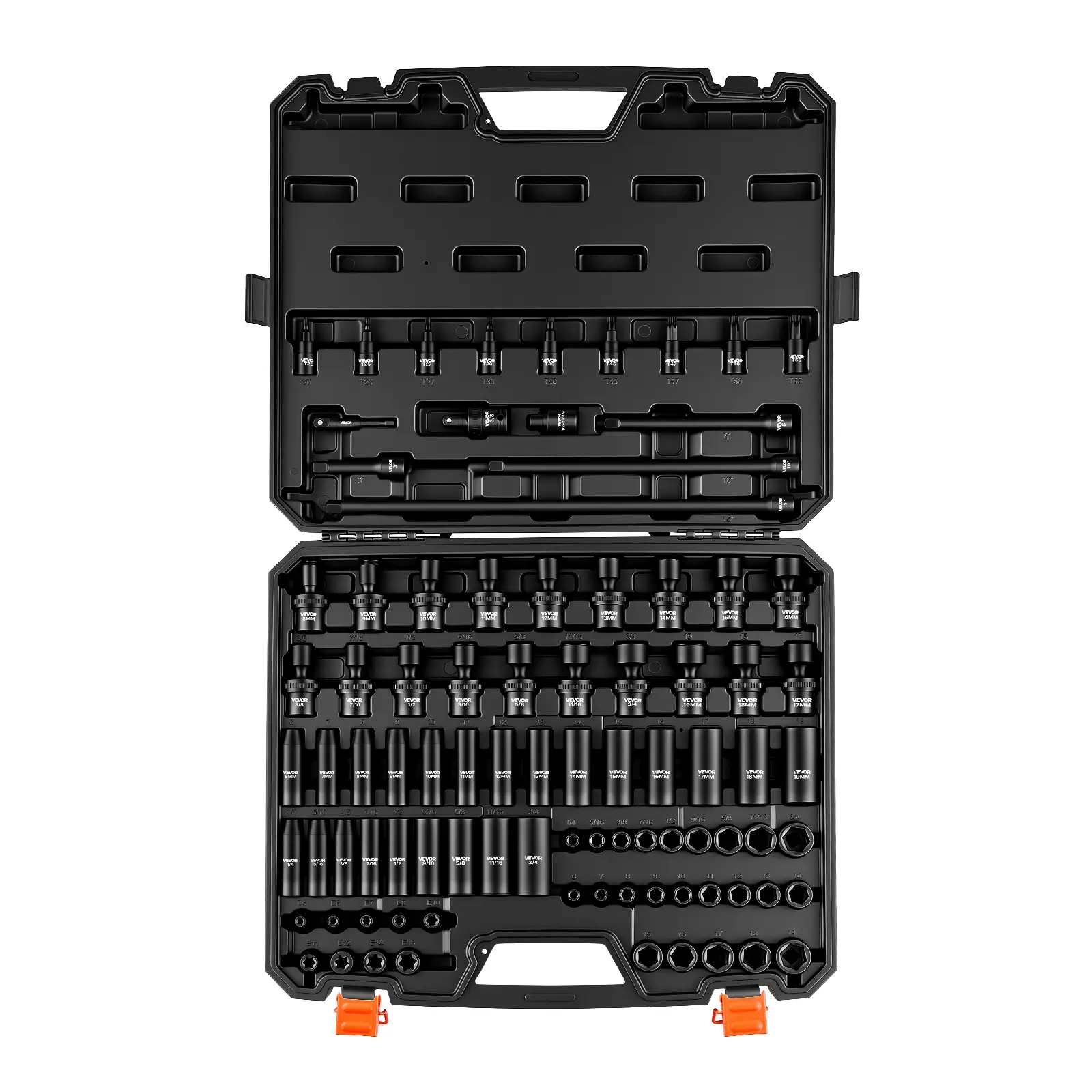 VEVOR 90-Piece 3/8" Drive Impact Socket Set (Tools and Gadgets, Work Tools), 6-Point Hex Drives, SAE 1/4"-3/4" & Metric 6-19 mm (Inches/mm), Laser Etched for Easy Identification, Cr-Mo Alloy Steel, Adapters, Sturdy Storage Case for Vehicle Repair