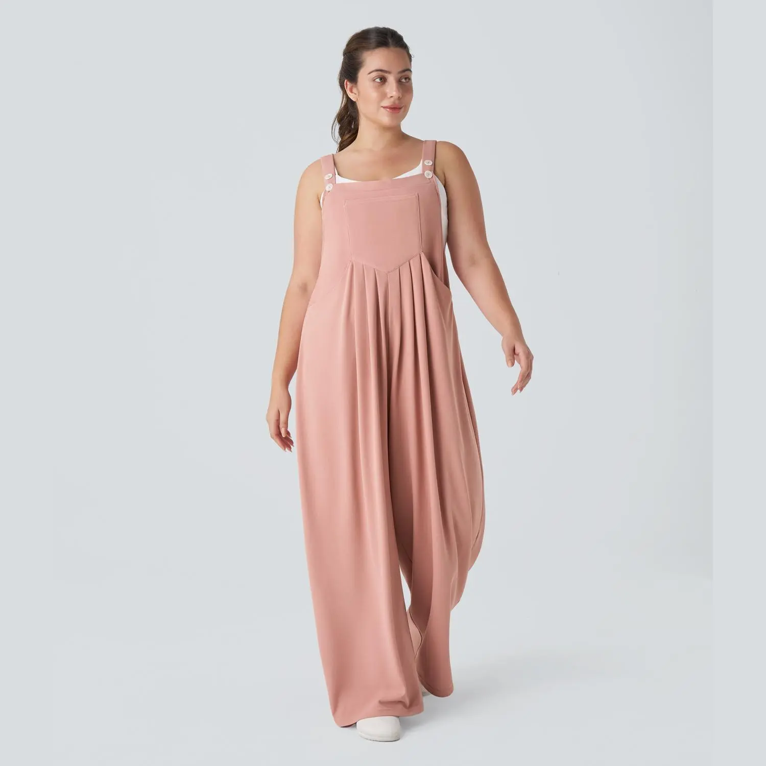 Halara Adjustable Strap Button Multiple Pockets Plicated Waffle Casual Plus Size Overalls#TikTokShopBacktoSchool