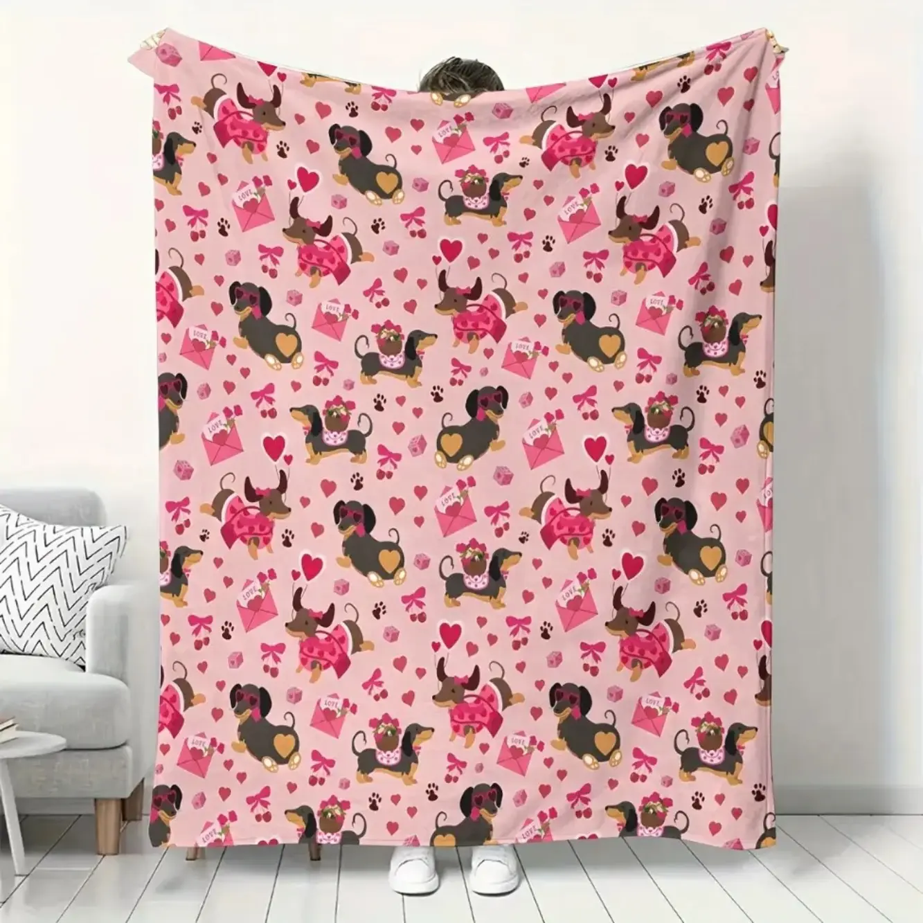 Dachshund & Hearts Cartoon Chunky Knit Velvet Outdoor Blanket - Thick, Warm, Soft, Breathable, Wrinkle Resistant, Durable, 1Pc Pink 60*80in, All Seasons Throw for Adults, Anime Merchandise, Car/Sofa Use, Dog Lover Gift, Cute Room Decor