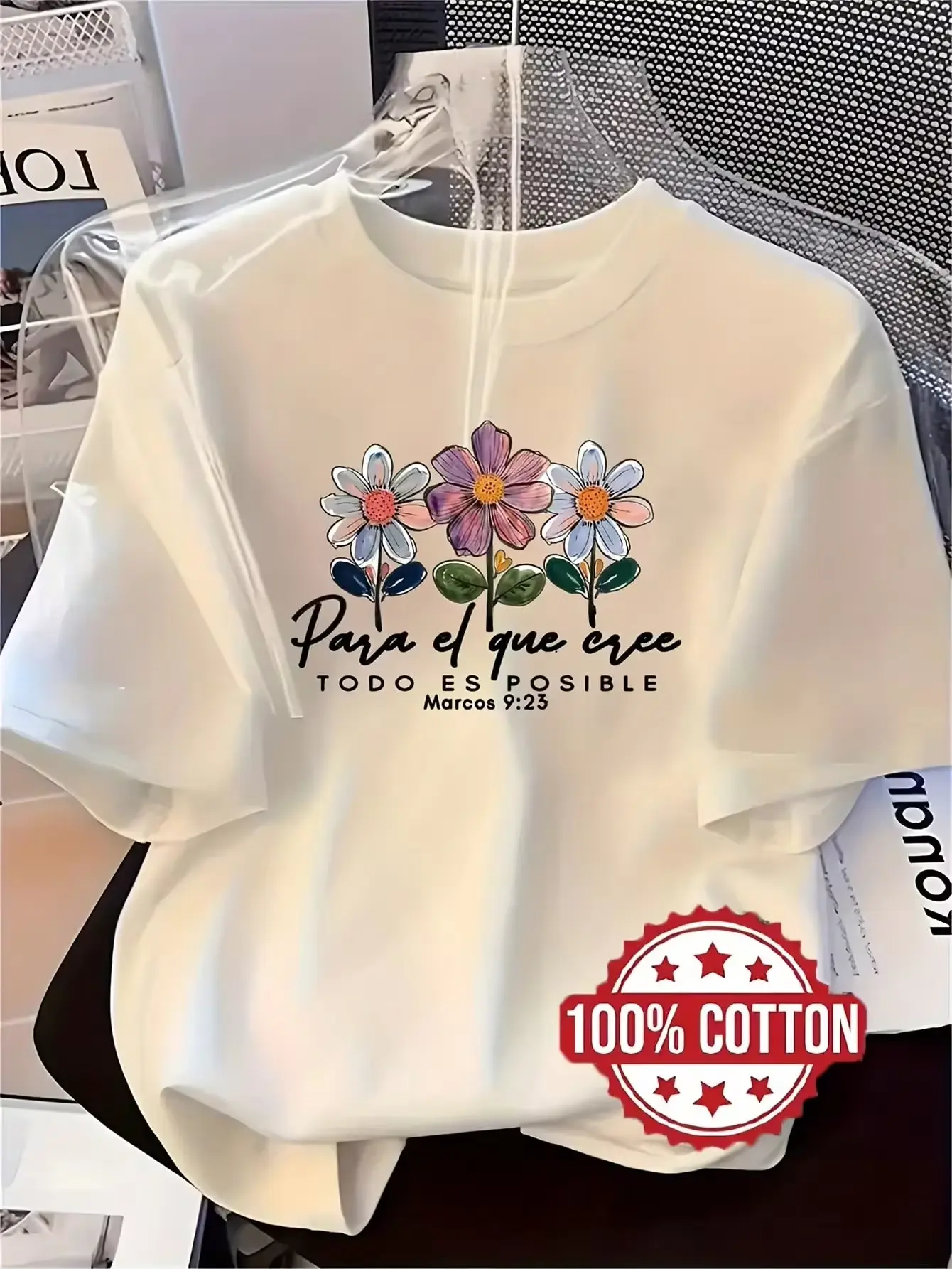 TH299 Women's Floral Print Tee, 100% Cotton, Round Neck, Short Sleeve, Drop Shoulder, Breathable, Sweat-Absorbent Casual Homewear