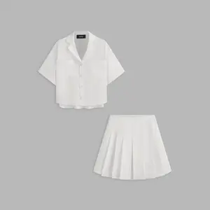 Cider [2 colors, size 2-26] Collar Solid Short Sleeve Shirt & Pleated Mini Skirt