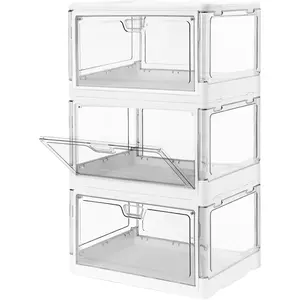 3-Pack Clear Stackable Storage Bins with   Doors Open Front Foldable Folding Plastic Craft Containers Large Closet Organizers Box for Bedrooms Living Rooms Study ' Toys 24 QT