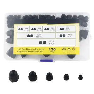 130 Pcs Acorn Nuts Assortment Kit,M3 M4 M5 M6 M8 M10 M12 7 Sizes Metric Nylon Female Thread Hex Acorn Cap Nuts, Dome Head Hex Nuts