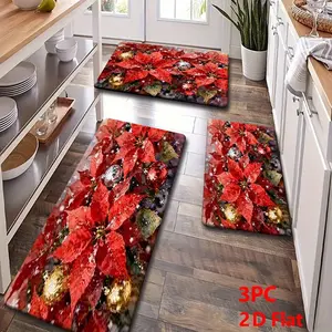 2pcs/3pcs Flannel Kitchen Mat Set, Christmas Theme, Poinsettia, Disco Ball, Retro Industrial Style, Non-Slip