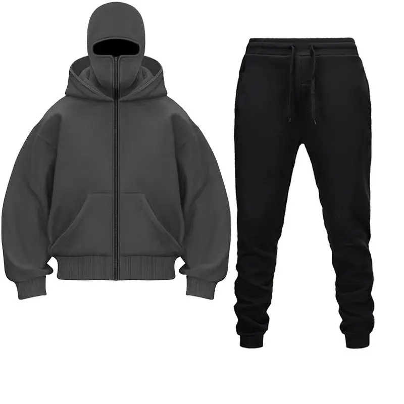 Unisex Zip Up Balaclava Jacket Sweatpants Two-Piece Set Double Layer Hoodie Jogger Pants Casual Hip Hop Y2K 2026