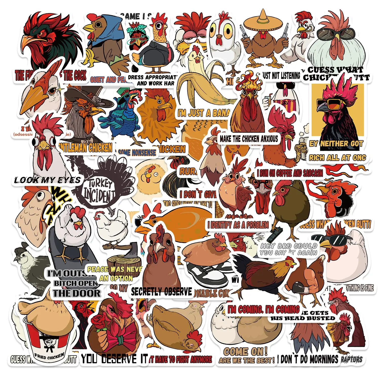 50pcs Funny Chicken Meme Stickers Pack, Waterproof Humorous Farm Animal Decals for Laptop, Water Bottle, Journal & Scrapbook, Meme Lover Gift