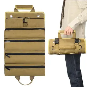 6 Pocket Foldable Tool Roll with 2 Detachable Pockets, Durable Tool Bag Organizer for Electricians, Compact Storage Solution with Adjustable Shoulder Strap