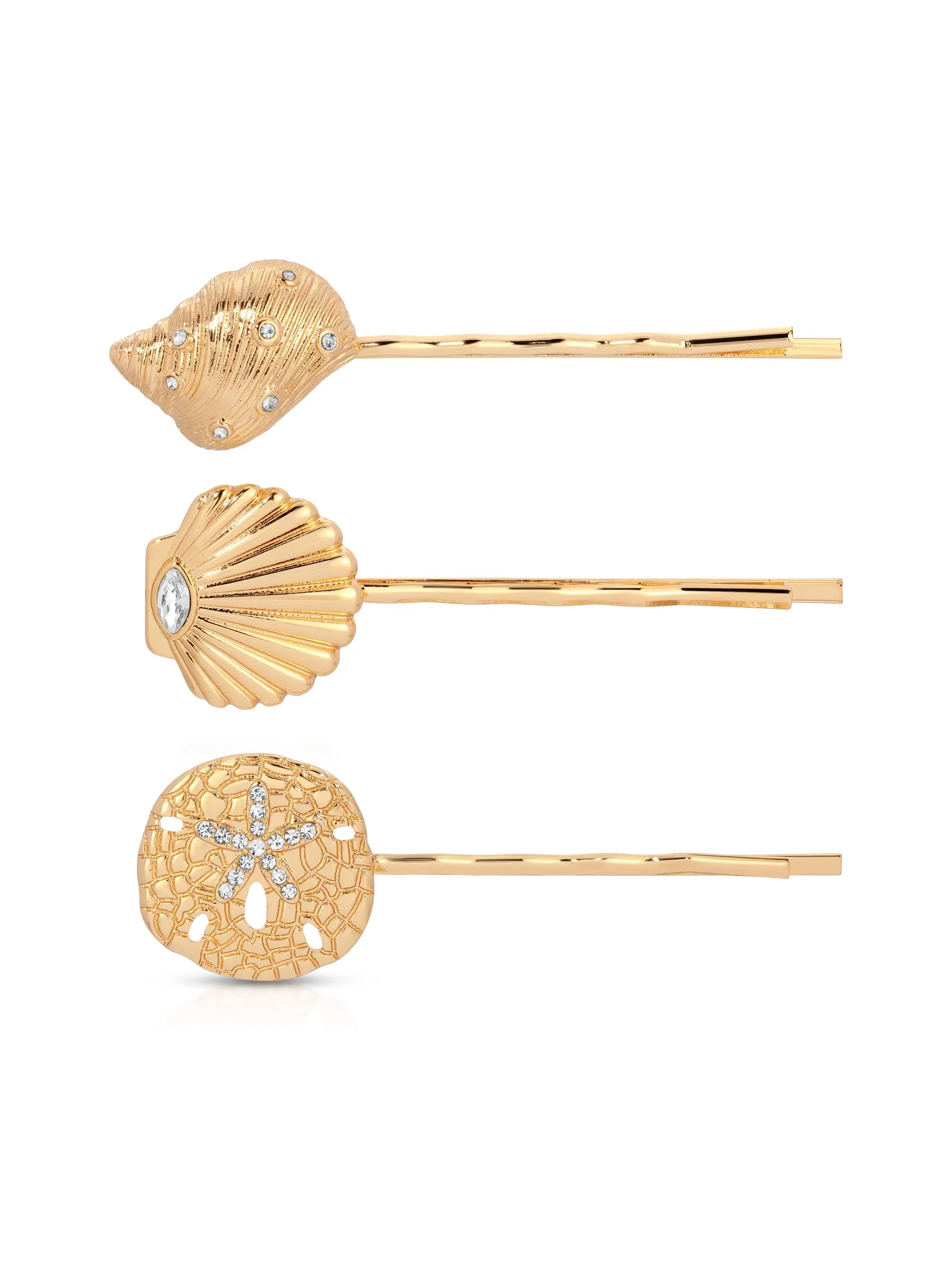 Oceanic Bobby Pin Set - Gold Tone Zinc with Glass Accents - 2.5" Length - Shell & Sand Dollar Designs - Hair Accessories Hijab Hair Clip Flower Hair Clip