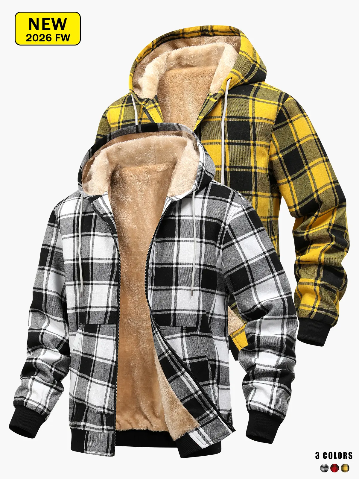 Men’s plaid zip-up hooded jacket for autumn/winter, fleece-lined for warmth, loose and comfortable, with pockets.
