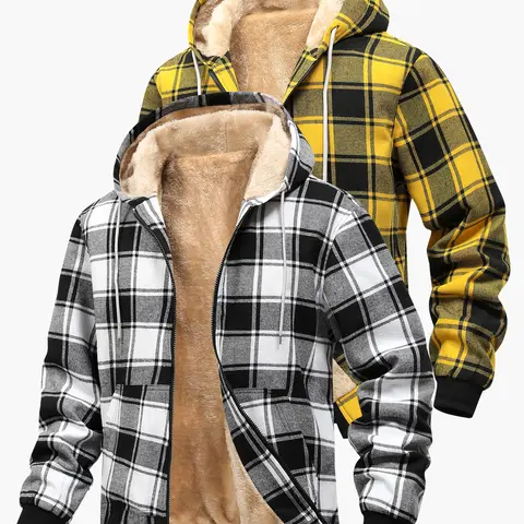 Men’s plaid zip up hooded jacket for autumn/winter, fleece lined for warmth, loose and comfortable, with pockets.