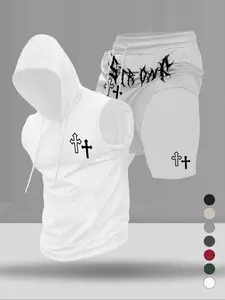 Men's Graphic Print Two-Piece Set, Stylish Hooded Sleeveless Vest and Drawstring Pocket Shorts, Summer Casual Wear for Sports and Daily Use