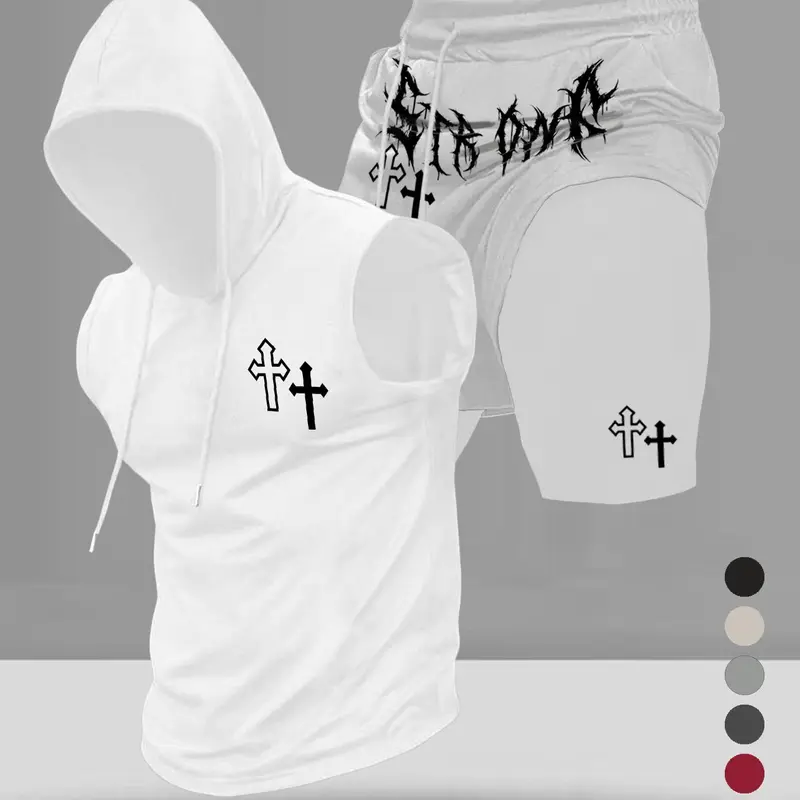 Men's Graphic Print Two-Piece Set, Stylish Hooded Sleeveless Vest and Drawstring Pocket Shorts, Summer Casual Wear for Sports and Daily Use, Sporty Casual Wear