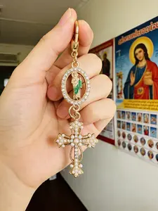 Luxury Religious Saint Jude Cross Pendant, Pearl Alloy Charm with Rhinestones, Decorative Meaningful Keychain Accessory Gift