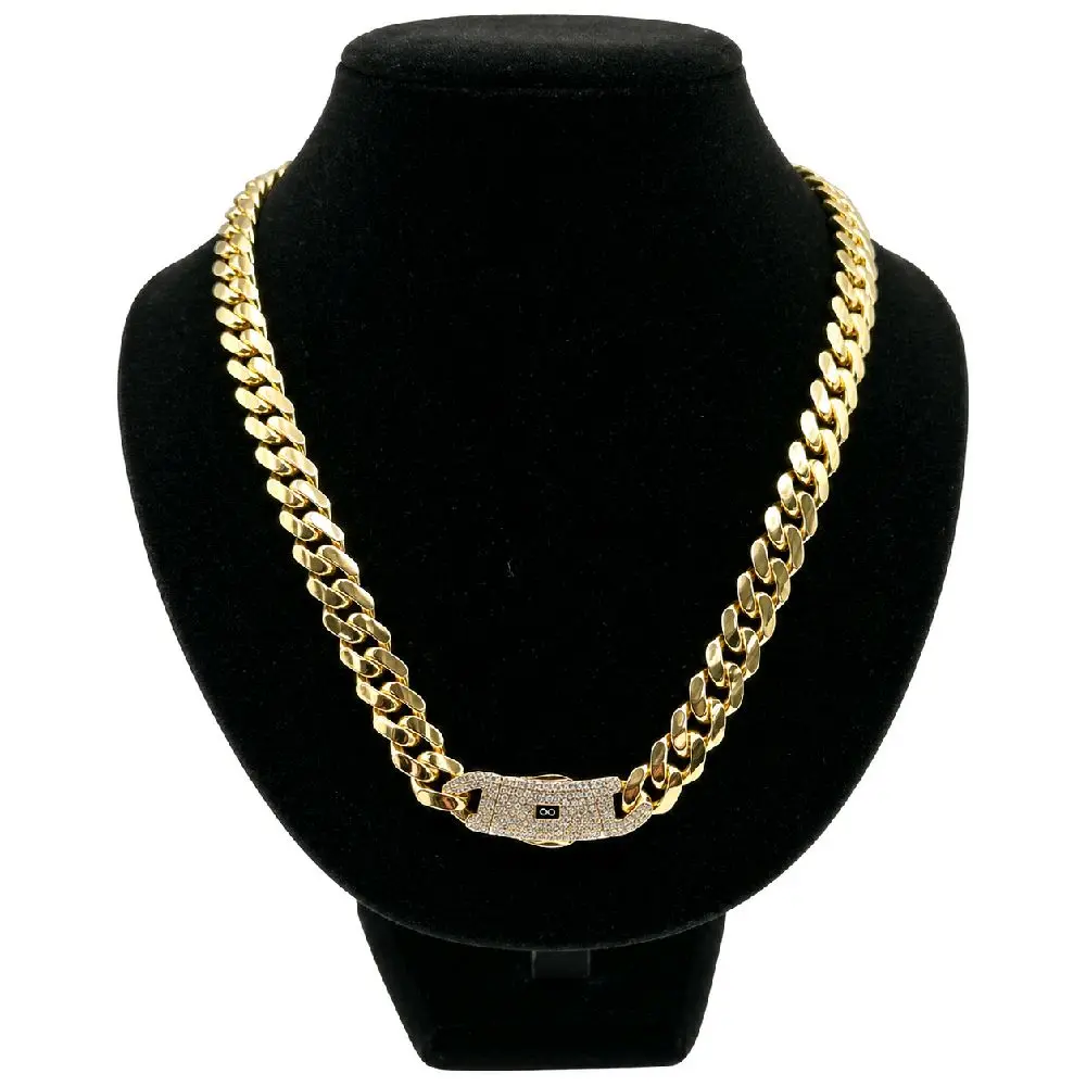 MONACI 14K Yellow Gold Hollow Cuban Chain Necklace 22 Inches 11.0MM Cubic Zirconia Lock Handcrafted in New York City US