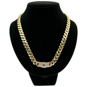 MONACI 14K Yellow Gold Hollow Cuban Chain Necklace 22 Inches 11.0MM Cubic Zirconia Lock Handcrafted in New York City US