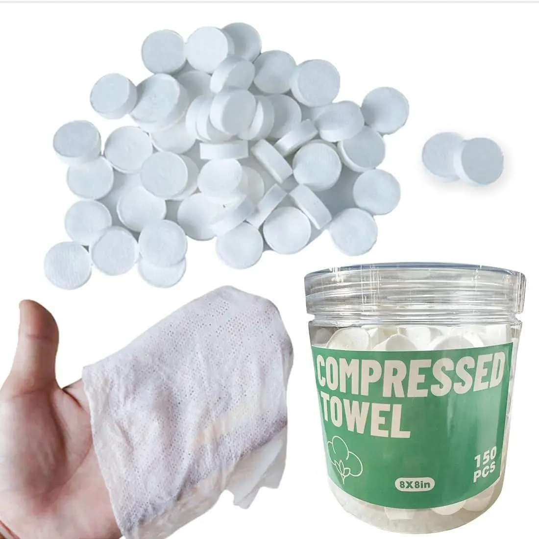 Compress   Tissue Towel, Compressed Towels for Camping, Disposable  Compressed Towels, Camping Towels Compress Towel Tablet, Camping, ,150 PCS (8inx8in)