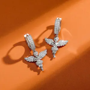 【PANG Jewelry】Small Pendant Earrings with Wings Angel Micro-Set Zircon Earrings Personalized Little Angel Stud Earrings
