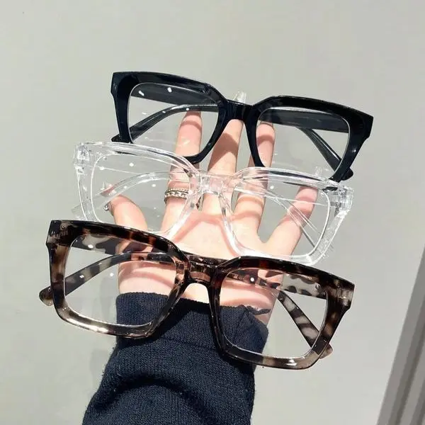 Unisex 3-Piece Basic Fashion Eyeglasses Set - Full Rim Square Non-Prescription Polycarbonate Casual Frames, Leopard Print/Transparent/Solid Color, Blue Light Glasses, Eye Fashion Daily Use Gifts