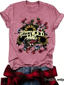 Women's Floral & Letter Print Round Neck Tee, Vintage Trendy Bohemian Chic Casual Fitted Short Sleeve T-shirt for Daily Wear, Ladies Summer Wear, Womenswear Top