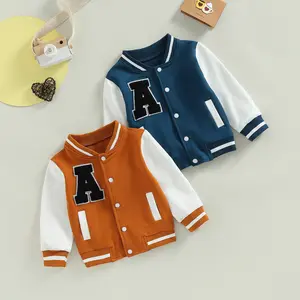 Kids Boys Girls Baseball Jackets Toddler Letter Pattern Contrast Color Long Sleeve Buttons Front Coat Autumn Winter Outerwear