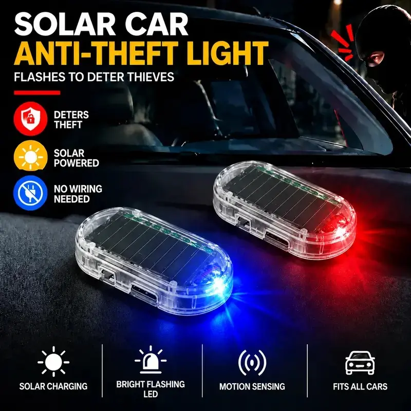 Protect your parked car from thieves! This solar-powered dummy anti-theft strobe light features motion sensing & bright red-blue silent flashing LEDs. No wiring required, easy to install with adhesive.