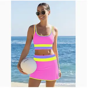 2026 Women Three-Piece Bikini Set Beach Ball & Kayak Print High Waisted Adjustable Straps Fluorescent Sporty Swimwear UV400 Protection For Beach