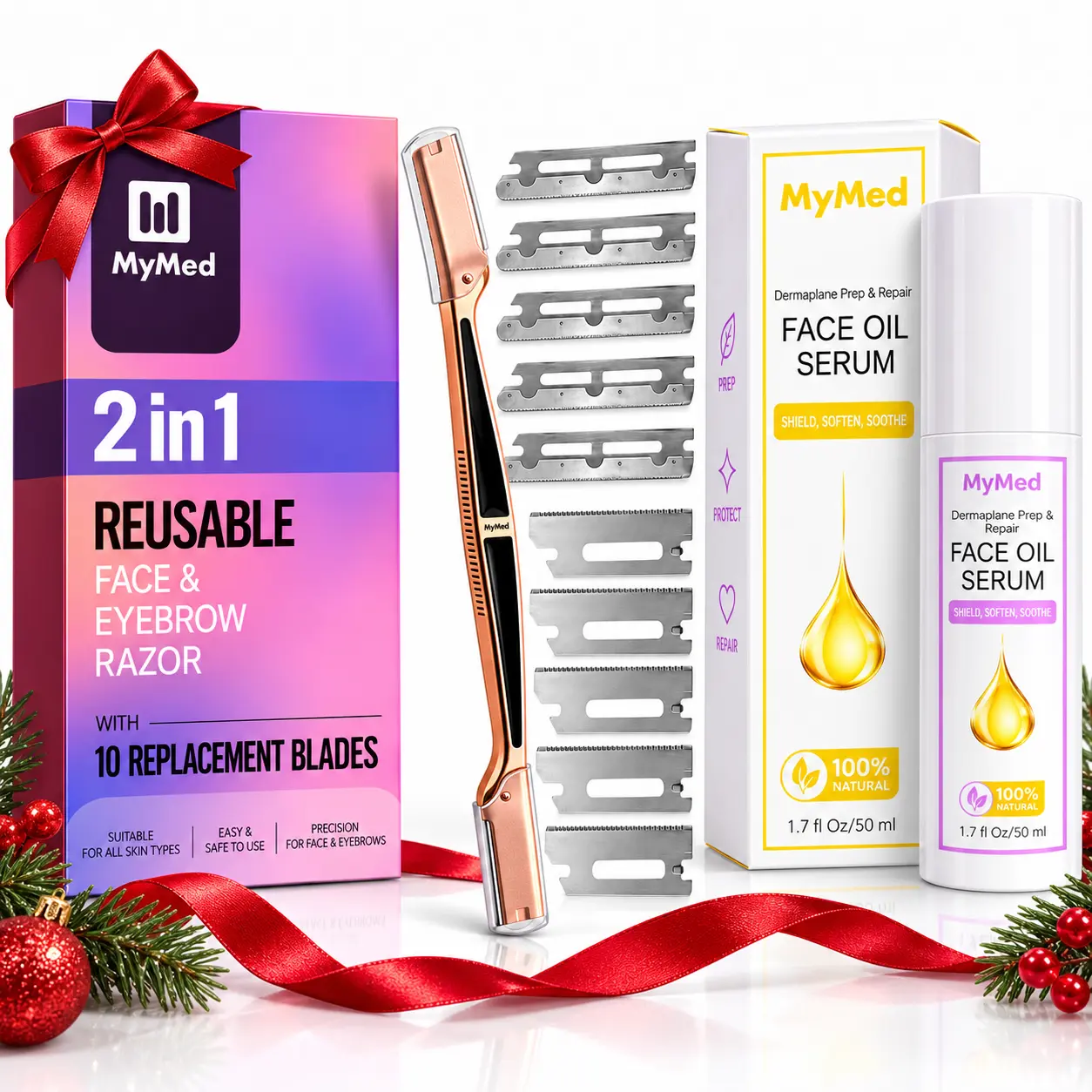 MyMed Holiday Christmas Dermaplaning Gift Set – Reusable 2-in-1 Face & Eyebrow Razor + Face Oil Serum