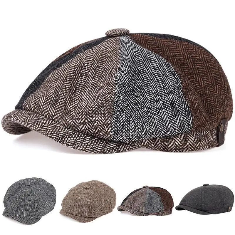 Unisex Vintage Herringbone Newsboy Cap - Retro Octagonal British Flat Painter Hat with Adjustable Fit, Unisex Hats