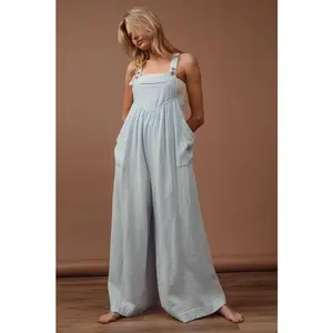BiBi Vintage Washed Crinkle Gauze Wide Leg Overalls