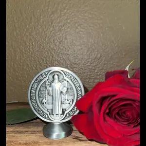 St. Benedict Medal Standing Plaque - Silver Color, Decorative Design, Ideal for Home Decor