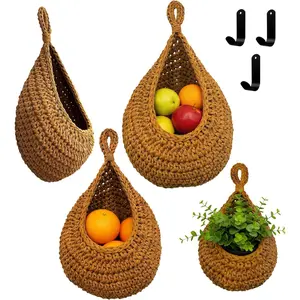 Boho Hanging Wall Baskets for Kitchen, 3 Pack Teardrop Storage Baskets with Hooks for Fruit, Vegetable, Onion, and Potato, Handwoven Home Organizer