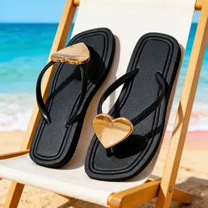 2026 New Metallic Heart Square Toe Flip-Flops Women'S Summer Outdoor Non-Slip Beach Shoes Ins Style Toe-Post Slippers Square Toe Non-Slip Toe-Post Sandals, Women Shoesaa