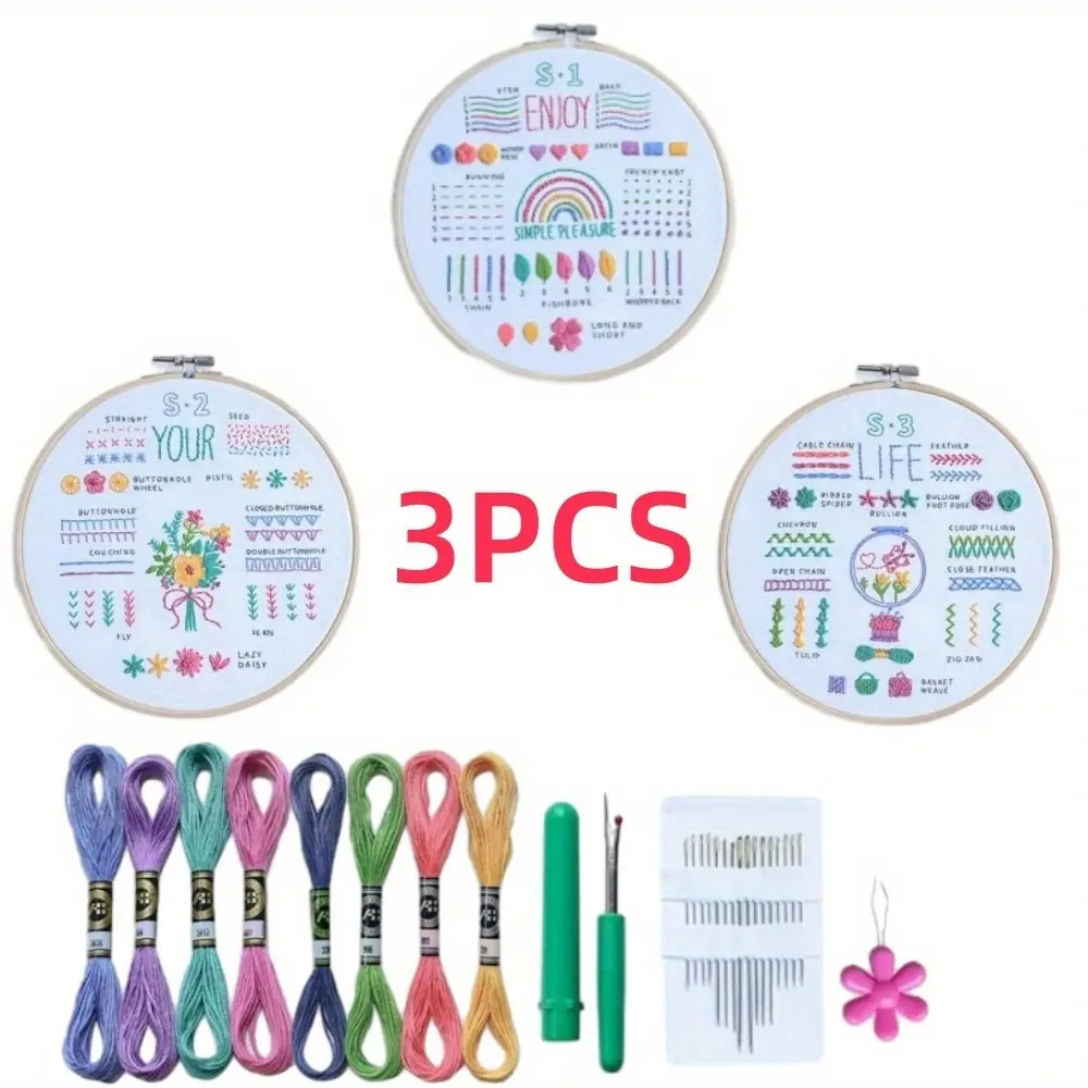 3 Pack Embroidery Kit for Beginners and Adults, Learn 33 Stitches with DIY Stamped Flower Patterns – Includes Hoop, Color Threads, Tools