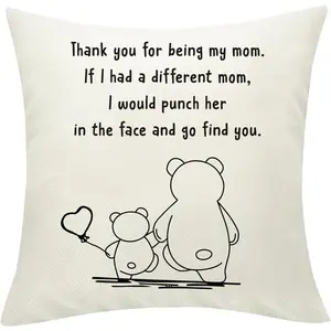 Funny Mom Quote Throw Pillow Covers 18x18 Inch, Set of 2 Double-Sided "Thank You for Being My Mom" Cute Bear Decorative Pillow Cases, Humorous Mother's Day Cushion Covers for Home Sofa Couch Bedroom