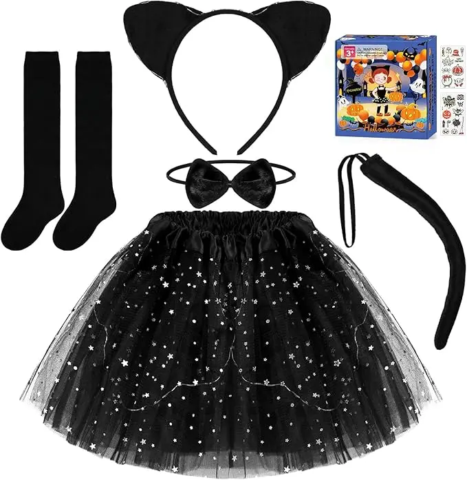 7 Pcs Dress up Clothes for Little Girls Play,  Black Cat Costume Set for Girls with LED Tutu Skirt Headband Tail Bowtie Socks & Face Sticker Costumes Girls Kids Ages 3-6 Halloween Playtime Fun, summervibes clothing