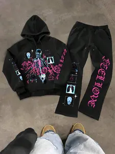 Unisex Street Style Skull Letter Gothic Print Hoodie Set, Fall & Winter Cyberpunk, Loose Couple Fashion, High-End Casual Sportswear