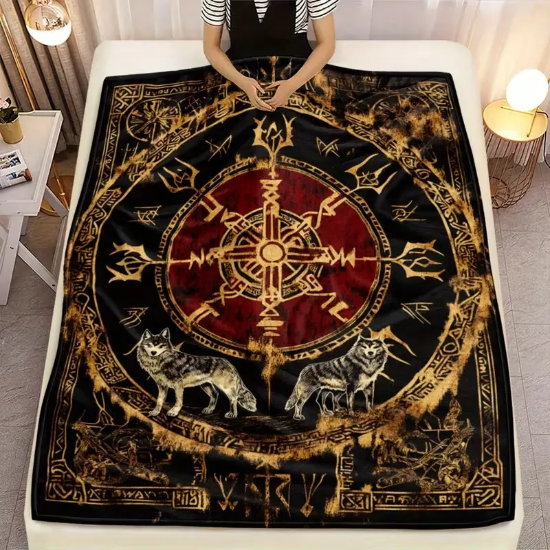 Soft Lightweight Flannel Blanket Throw Vintage Viking Rune Twin Wolf Compass Print Ultra Soft Flannel Animal Print Blanket Perfect Giftable Decorative Blanket For Bedroom Office Travel Ideal Birthday Christmas Gift Gothic Home Decor Season Cozy Warm Nap
