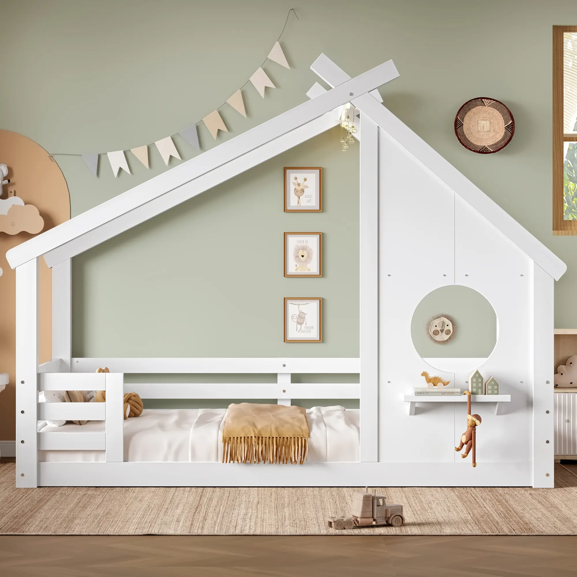 Bellemave Sturdy Wooden Platform Bed Frame - Twin Size White Montessori Floor Bed, House-Shape Design, Built-In Window, Built-In Shelf, No Spring Box Required for Single Mattress