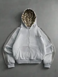 Men's Young Street Style Hoodie, Vintage Trendy Knit Jacket, Sportswear, Plush Leopard Fabric, Luxury Quality, Brand Logo, Fashion Outdoor Gift
