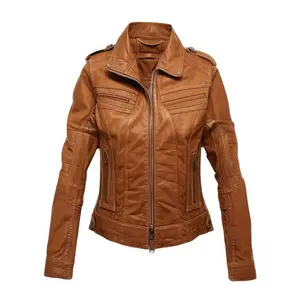 Women's Leather Moto Jacket Chocolate Brown Genuine Sheepskin Soft with Shirt Collar, Casual Stylish by Hide Crafts