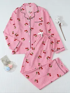 Women's Cherry Print Pajama Set, Long Sleeve Comfortable Sleepwear, Casual Striped Nightgown, All Seasons Woven Fabric