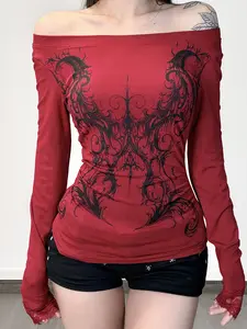 Gothic Slim-Fit One-Shoulder Lace Patchwork Long Sleeve Pullover, Dark Print Knitted College Style Fall New Tops T-Shirt Halloween Womenswear Knitwear Knit Shirts