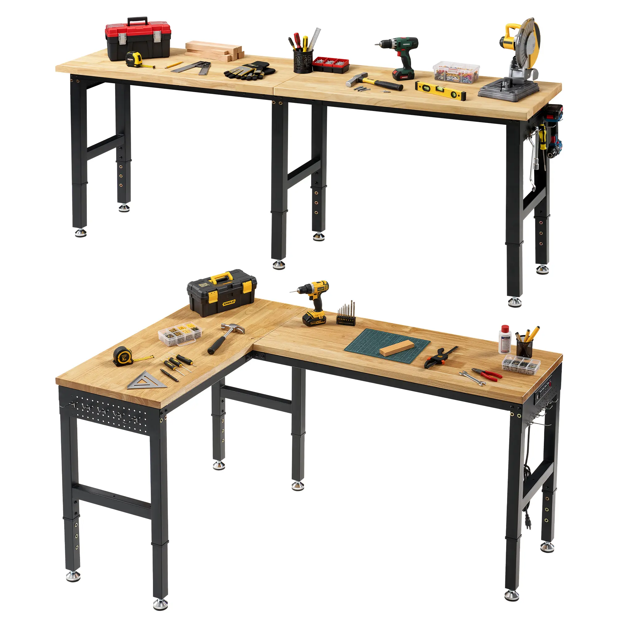 AMERLIFE Adjustable Workbench, 28.7-38.6" Height, Rubber Wood Top, Heavy-Duty Design with Power Outlets & Hooks, 5000 LB Capacity for Garage, Workshop, Home, or Office