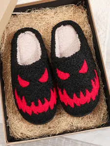 Halloween Devil Eye Embroidered Plush Slippers, Fuzzy Warm Slippers, Non Slip Slippers, Comfortable Indoor Shoes for Men & Women, Punk Style, All Seasons, Perfect Gift