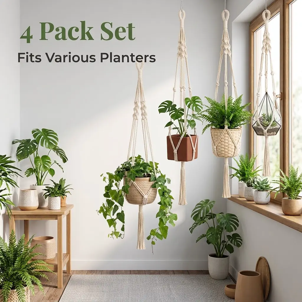 4-Piece Beige Cotton Macrame Plant Hanger Extender Rope Set, 40cm Extendable Plant Support, Large Hangable Home Decor Pot Holder Basket